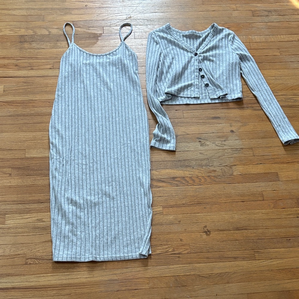 SHEIN Gray Striped Dress and Cardigan Set